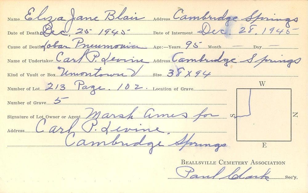 Eliza Jane Blair burial card